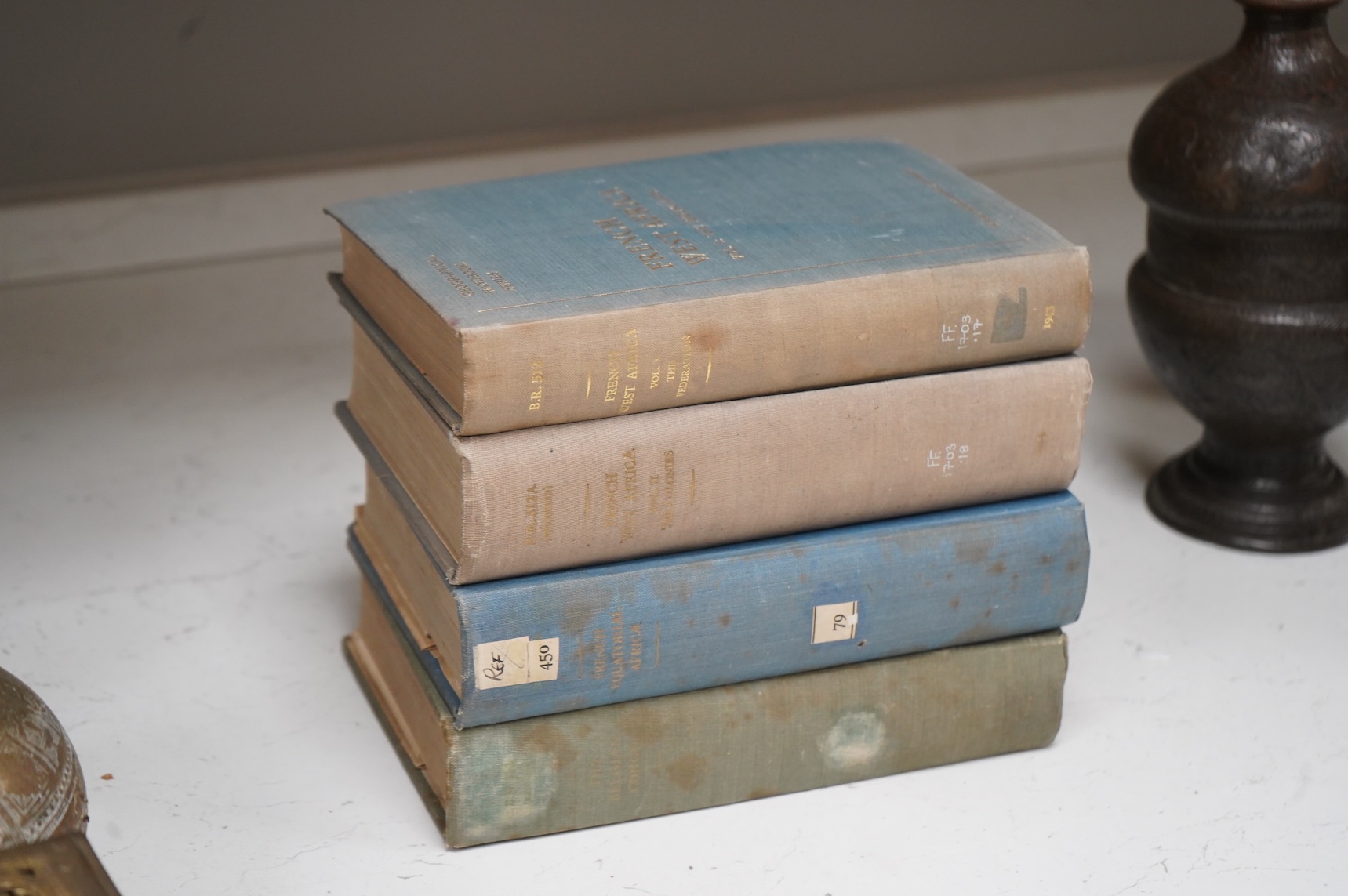 Naval Intelligence Division, Geographical Handbook Series - French Equatorial Africa & Cameroons (2 pocket maps), 1942; The Belgian Congo (2 pocket maps), 1944; French West Africa, 2 vols. (2 pocket maps), 1943-44 (4)